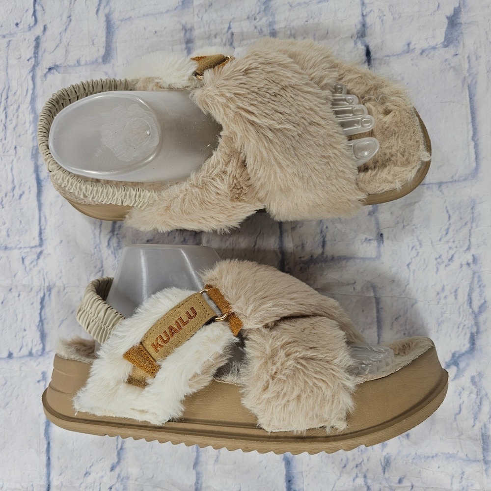 KUAILU Ortho Platform Sandals Women 11 Tan Faux Fur Crisscross Elastic Slingback